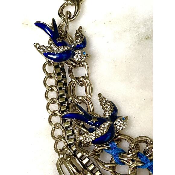 Betsy Johnson SWALLOW BIRD BLUE Pendant Gold Color Necklace Multi Chain Woven - Picture 3 of 8